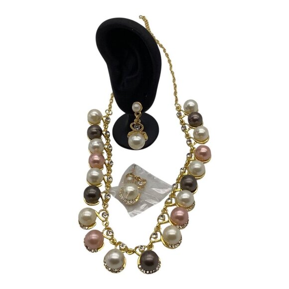 Costume Jewelry Necklace & Drop Earrings Set With Multicolor Faux Pearl Accents - Picture 2 of 14
